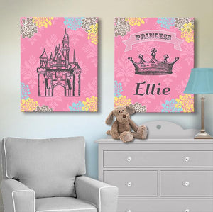 Girl Nursery Decor Princess Art - Personalized Princess Crown & Castle Canvas Decor - Set of 2-MuralMax Interiors