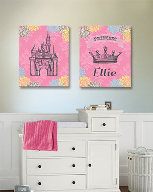 Girl Nursery Decor Princess Art - Personalized Princess Crown & Castle Canvas Decor - Set of 2-MuralMax Interiors