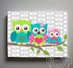 Girl Owl Family Canvas Art - Mom Dad Baby Owl Nursery Decor - Hot Pink Teal Lime Wall Art-MuralMax Interiors