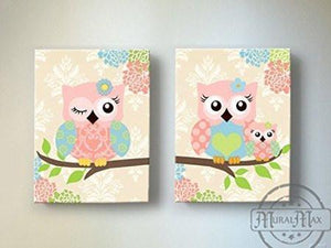 Girl Room Decor - Baby Owl Nursery Art - Floral Canvas Art Set of 2-MuralMax Interiors