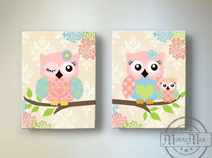 Girl Room Decor - Baby Owl Nursery Art - Floral Canvas Art Set of 2