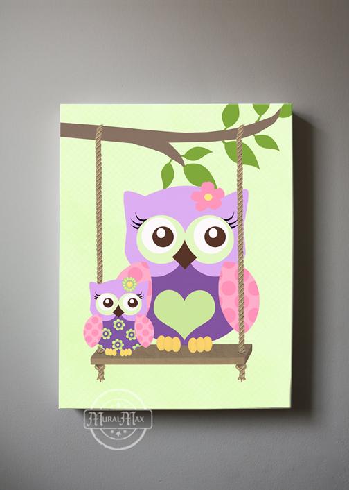 Girl Room Decor Owl Canvas Art - Purple Pink Owl Wall Art