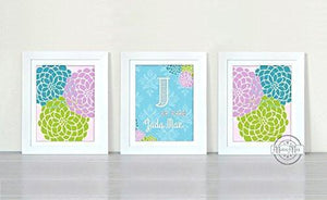 Girl Room Decor Personalized Floral Mums Collection - Set of 3 - Unframed Prints-B01CRT8HN8-MuralMax Interiors