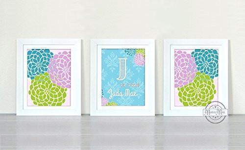 Girl Room Decor Personalized Floral Mums Collection - Set of 3 - Unframed Prints-B01CRT8HN8