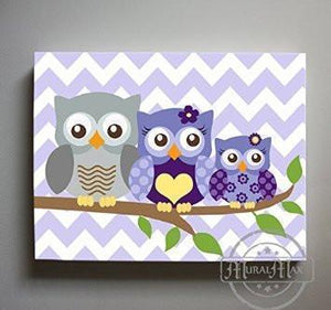 Girl Room Decor - Purple Owl Family Of 3 Canvas Wall Art - Chevron Nursery Wall Decor-MuralMax Interiors