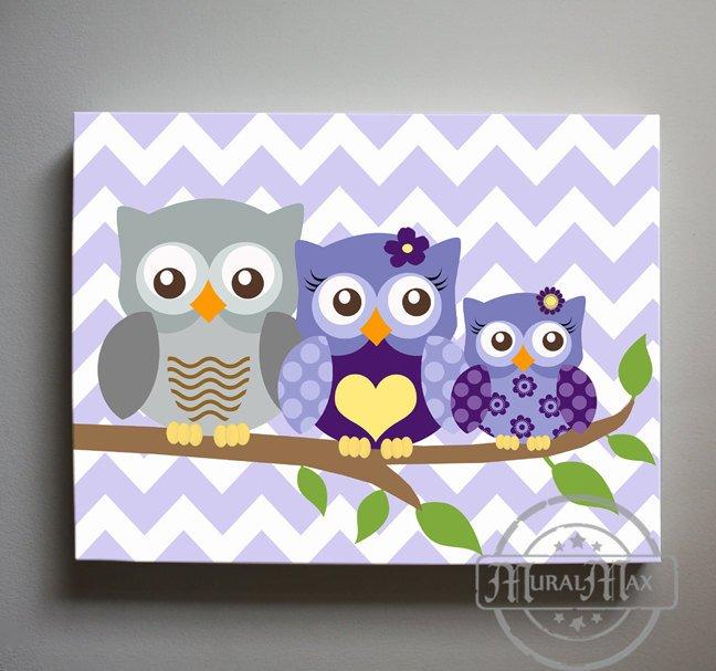 Girl Room Decor - Purple Owl Family Of 3 Canvas Wall Art - Chevron Nursery Wall Decor