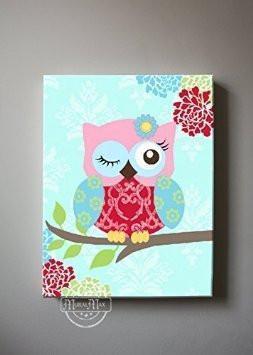 Girl Room Decor - Winking Owl Nursery Canvas Decor - Teal Pink Red Girl Nursery Art-MuralMax Interiors