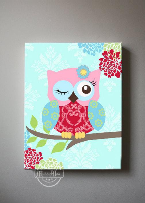 Girl Room Decor - Winking Owl Nursery Canvas Decor - Teal Pink Red Girl Nursery Art