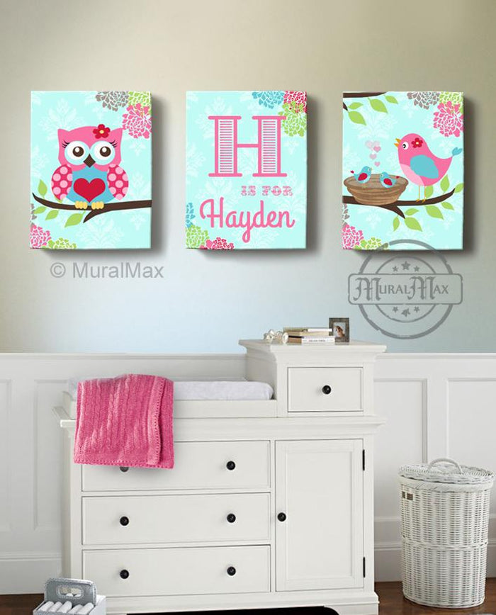 Girl Room or Nursery Art - Personalized Owl and Birdies Canvas Art - Set of 3-Aqua Hot Pink