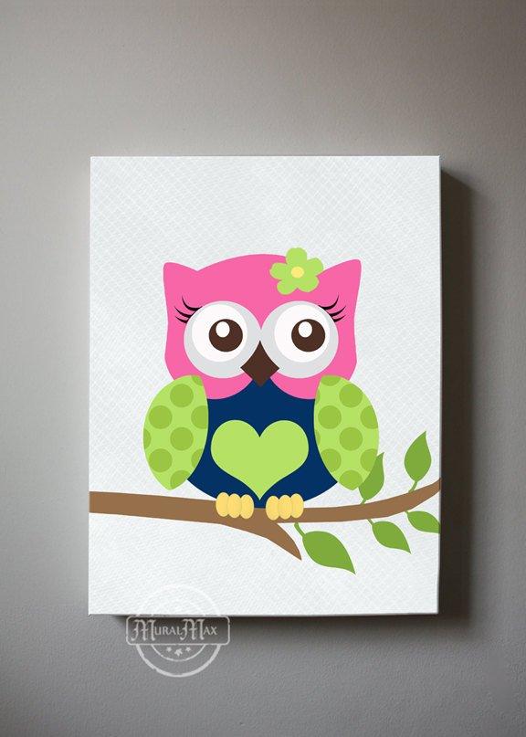 Girl Room Owl Canvas Decor - Navy Hot Pink Lime Nursery Art
