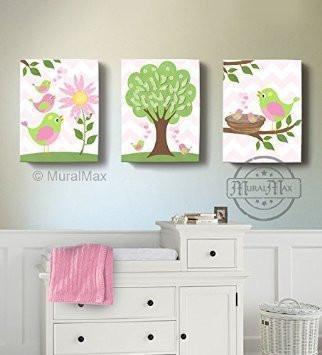 Girl Room Wall Art - Pink And Green Canvas Decor - The Lovebird Collection - Set of 3-B018GSWOH4