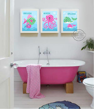 Girls Bathroom Wall Art - Brush Wash Fish & Whale Ocean Theme Bathroom - Unframed Prints - Set of 3-MuralMax Interiors