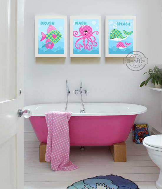 Girls Bathroom Wall Art - Brush Wash Fish & Whale Ocean Theme Bathroom - Unframed Prints - Set of 3