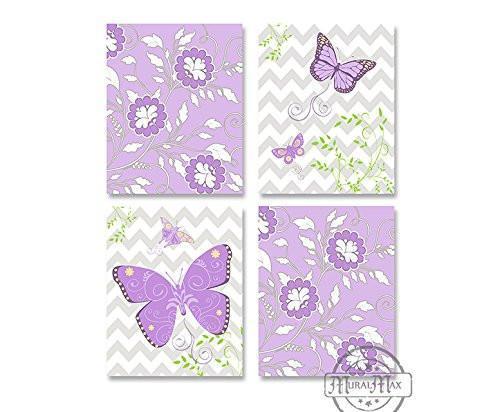 Girls Chevron Butterfly Nursery Theme - Set of 4 - Unframed Prints-B01CRMILOK