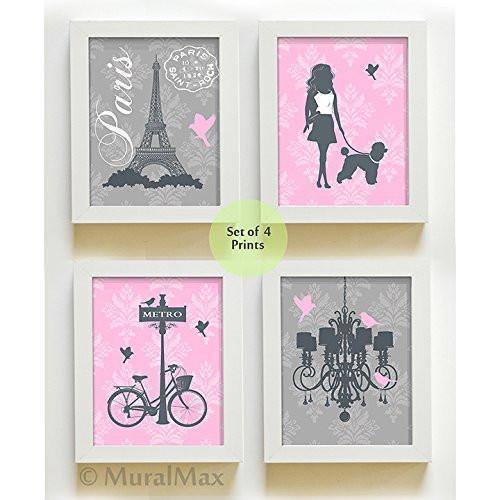 Girls Eiffel Tower Collection - Set of 4 - Unframed Prints-B01CRMHFOM