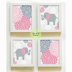 Girls Floral Mums Nursery Art - Pink Gray Elephant Prints - Set of 4 - Unframed Prints-MuralMax Interiors