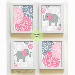Girls Floral Mums Nursery Art - Pink Gray Elephant Prints - Set of 4 - Unframed Prints-MuralMax Interiors