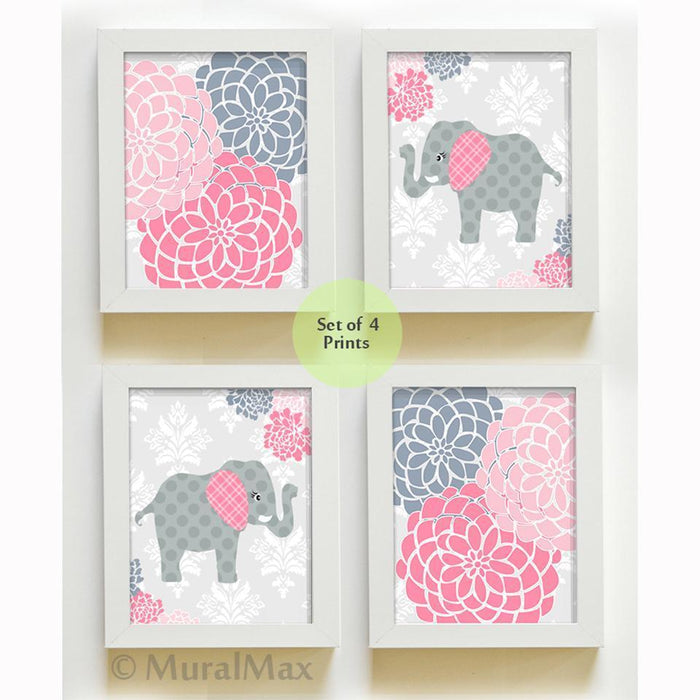 Girls Floral Mums Nursery Art - Pink Gray Elephant Prints - Set of 4 - Unframed Prints