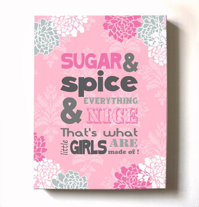 Girls Nursery Art - Sugar and Spice Inspirational Girl Room Decor - Floral Canvas Nursery Art - Choose From Designer Colors