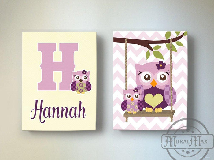 Girls Owl Nursery Art - Plum Owls Swinging Personalized Canvas Art - Set of 2