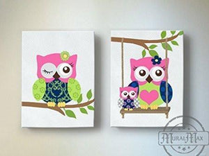 Girls Room Wall Art - Hot Pink Navy Owl Canvas Decor -The Owl Collection - Set of 2-MuralMax Interiors