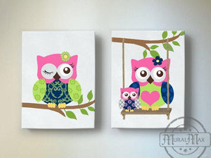 Girls Room Wall Art - Hot Pink Navy Owl Canvas Decor -The Owl Collection - Set of 2-MuralMax Interiors