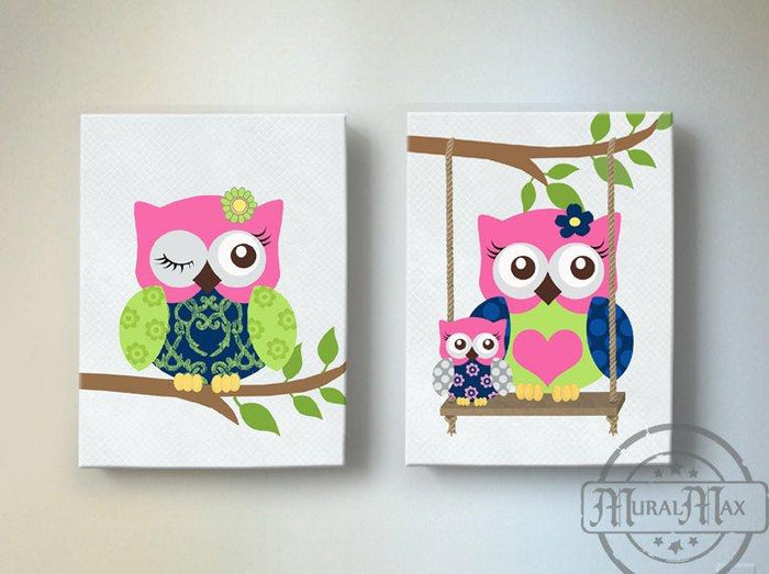 Girls Room Wall Art - Hot Pink Navy Owl Canvas Decor -The Owl Collection - Set of 2