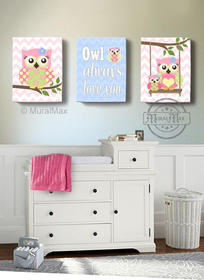 Happy Owl Girl Room Canvas Wall Art - Owl Always Love You - Set of 3-Pink Green Blue Decor