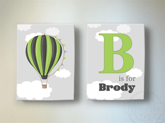 Hot Air Balloon Canvas Nursery Decor - Personalized Adventure Boy Nursery Wall Art - Set of 2