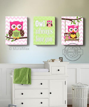 Hot Pink Brown Girl Room Decor - Owls Canvas Wall Art - Owl Always Love You Set of 3 Decor-MuralMax Interiors