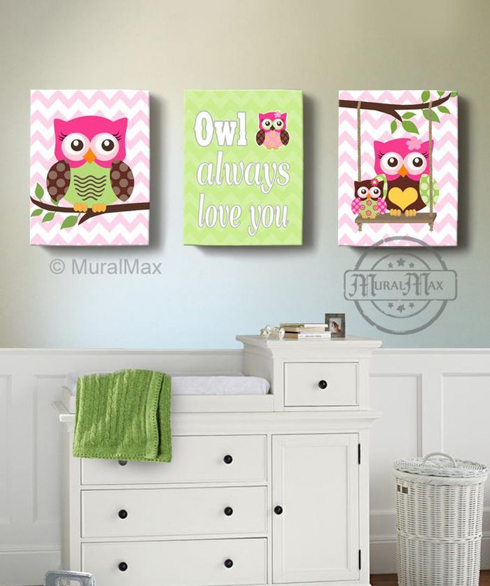Hot Pink Brown Girl Room Decor - Owls Canvas Wall Art - Owl Always Love You  Set of 3 Decor