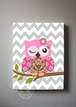 Hot Pink Floral Owl Canvas Wall Art - Girl Room Decor - Set of 2-Brown Hot Pink Decor-MuralMax Interiors