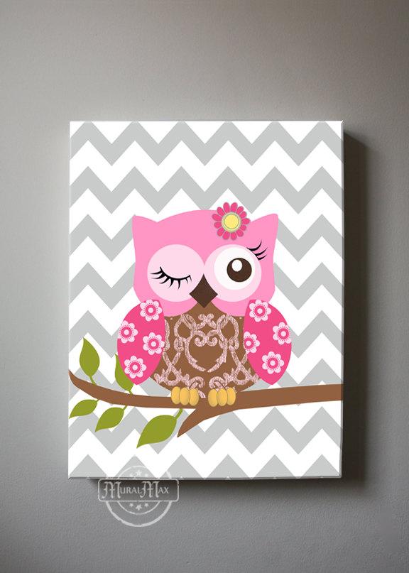 Hot Pink Floral Owl Canvas Wall Art - Girl Room Decor - Set of 2-Brown Hot Pink Decor