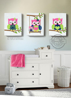 Hot Pink Lime Toddle Girl Room Decor - Owl Canvas Art - Set of 3-MuralMax Interiors