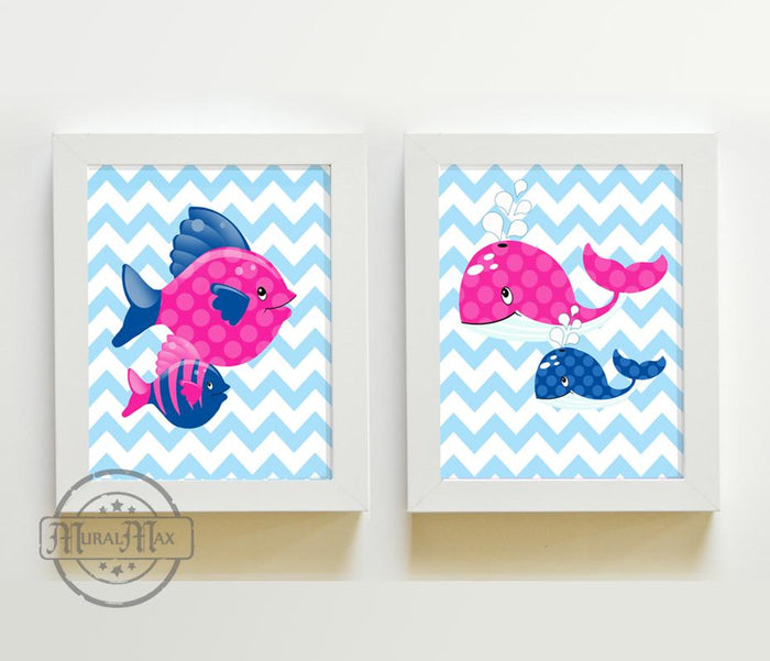 Hot Pink & Navy Nautical Decor - Fish And Whale Nursery Art - Set of 2 - Unframed Prints