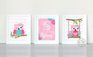 Hot Pink Owl Nursery - Personalized Nursery Art - Unframed Prints - Set of 3-MuralMax Interiors