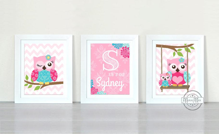 Hot Pink Owl Nursery - Personalized Nursery Art - Unframed Prints - Set of 3