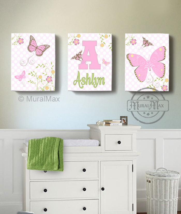 Personalized Butterfly & Floral Nursery Art For Girl - Canvas Decor - Set of 3-B018ISO240
