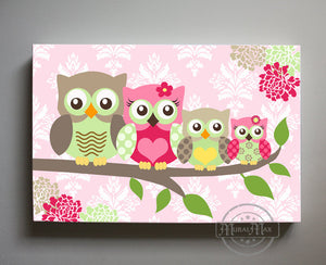 Owl Children's Art - Family Of 4 Panoramic Canvas Art - Nursery Wall Decor