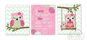 I'll Love You Forever Owl Nursery Prints - Set of 3 Pink Mint Wall Art - Unframed Prints-MuralMax Interiors