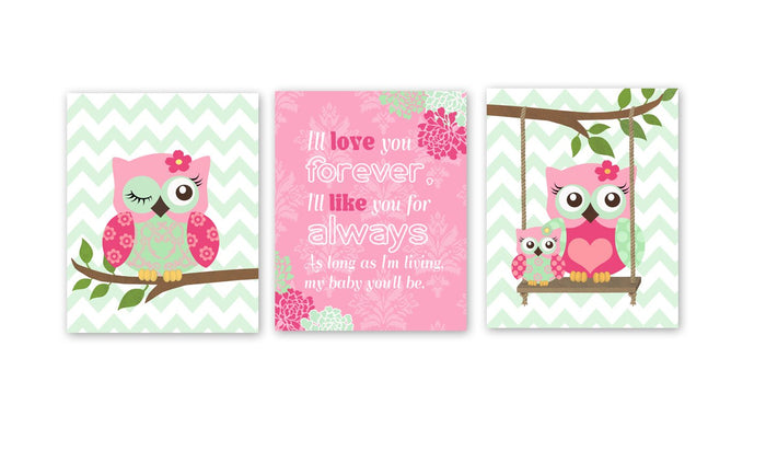 I'll Love You Forever Owl Nursery Prints - Set of 3 Pink Mint Wall Art - Unframed Prints