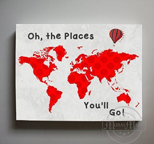 Inspirational Baby Nursery Decor - Oh The Places You'll Go - Polka Dot Global Map Theme - Canvas Dr Seuss Collection-B019018HNG