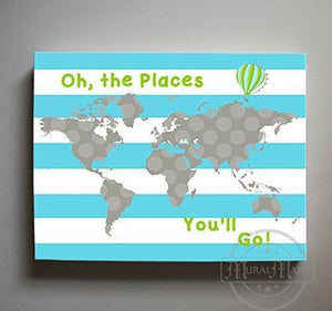 Inspirational Nursery Art - Oh The Places You'll Go - Striped Global Map Theme - Canvas Dr Seuss Collection-B019018BMI-MuralMax Interiors