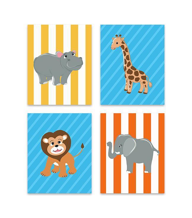 Jungle Animals Nursery Wall Art - Elephant Lion Giraffe & Hippo Decor - Set of 4 - Unframed Prints