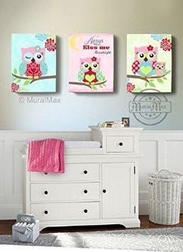 Kids Owl Art - Floral Owl Nursery Decor - Always Kiss Me Goodnight Canvas Art - Set of 3-MuralMax Interiors