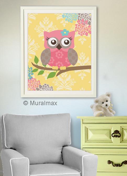 Kids Room Wall Art Modern Floral Nursery Owl Art - Unframed Print