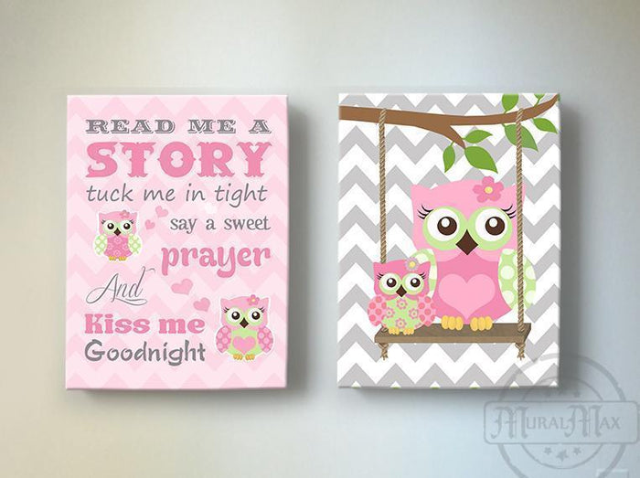 Kiss Me Goodnight Girl Nursery Art - Owl Family Theme - Chevron Canvas Inspirational Quote - Set of 2