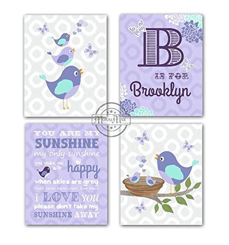 Lavender Girl Room Wall Art Personalized Polka Dot - You Are My Sunshine & Love Birds Collection - Unframed Prints - Set of 4-B018KODG4O