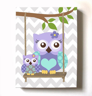 Lavender Mom & Baby Owls On Swing - Girl Room Canvas Decor -Purple Owl Nursery Art-MuralMax Interiors