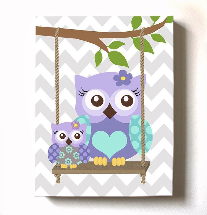 Lavender Mom & Baby Owls On Swing - Girl Room Canvas Decor -Purple Owl Nursery Art
